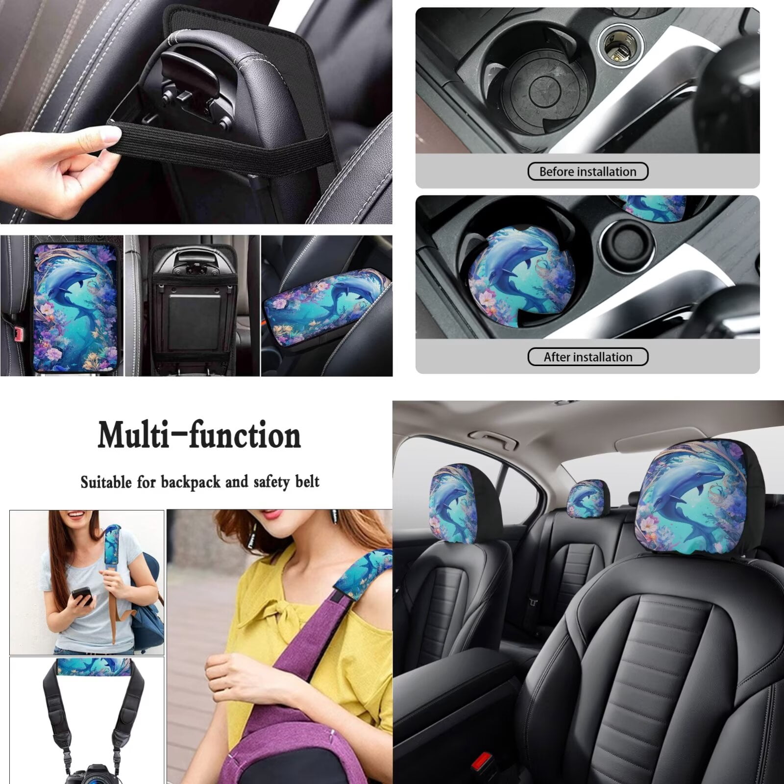 LedBack Dolphin Floral Print Car Seat Covers Set 15 Pcs Car Front and Back Seat Cover Steering Wheel Cover Armrest Pads Covers Headrests Cover Seatbelt Cover Car Coaster Keychain, Blue
