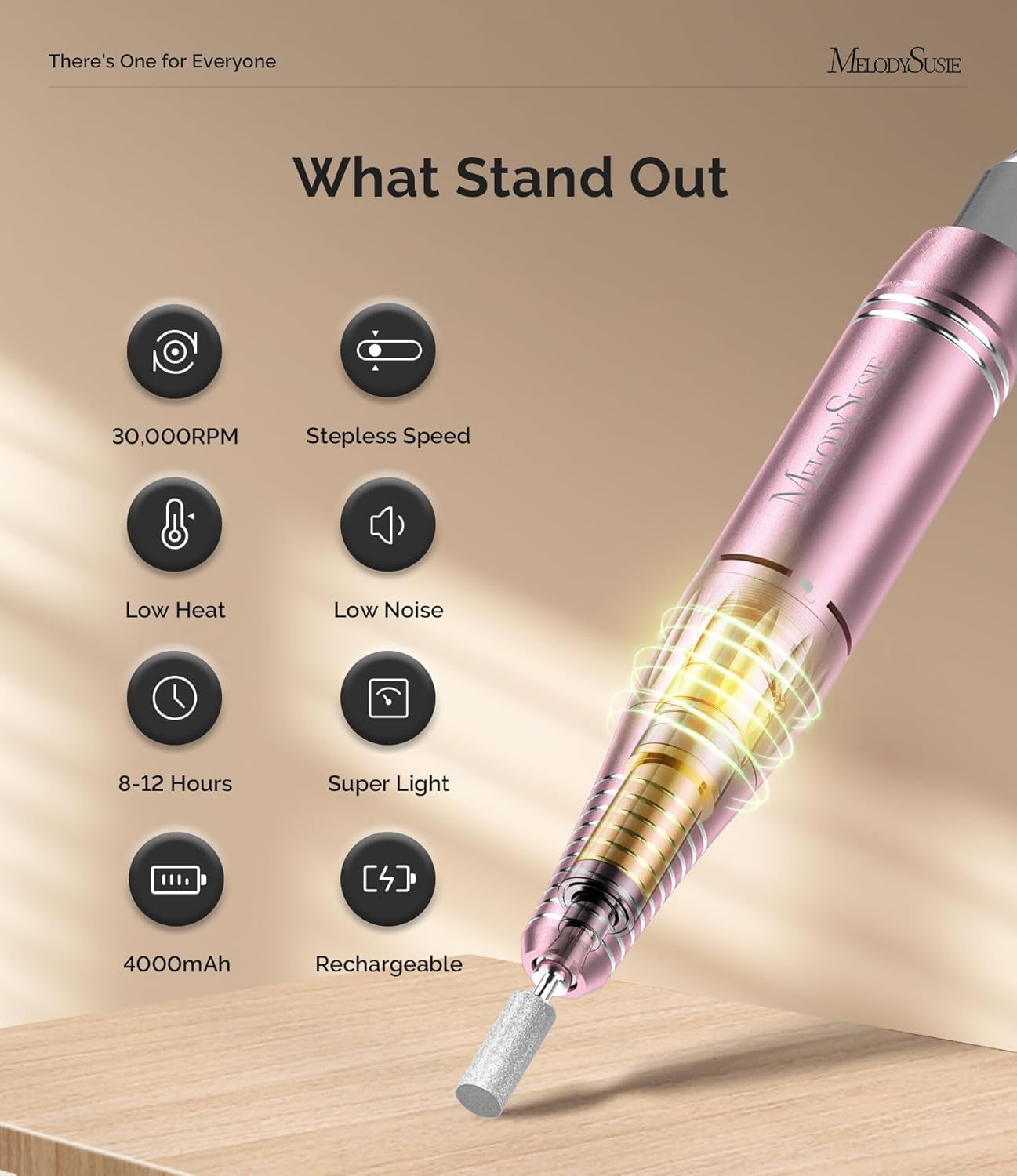 MelodySusie SC300F Electric Nail Drill Machine,30000 RPM Cordless Rechargeable Nail File Kit for Acrylic Gel Nail Care Manicure Polishing Set,Pink