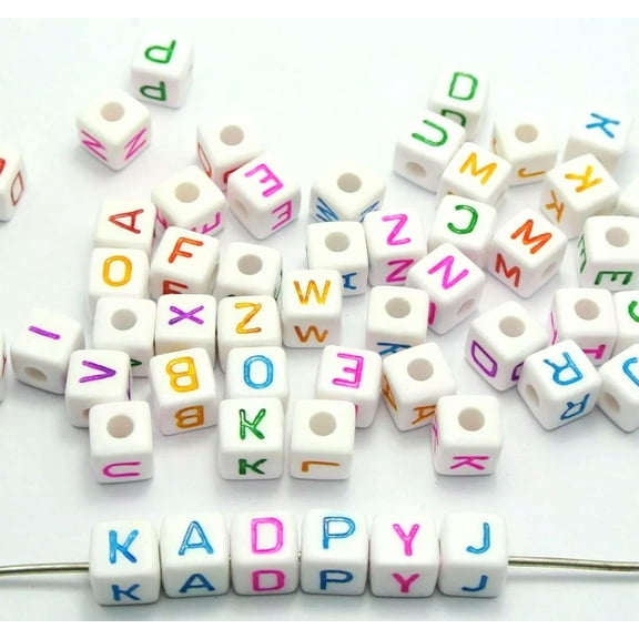 U8MO 50 White with Colorful Assorted Alphabet Letter Cube Pony Beads 9X9mm