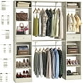 thumbnail image 4 of Homieasy 58" - 90" W Closet System, Large Walk in Closet Organizer with 3 Hanging Rods and Shelves, Heavy Duty Wood Closet Wardrobe with 2 Drawers and Shoe Rack, Reversible Clothing Rack, White Oak, 4 of 7