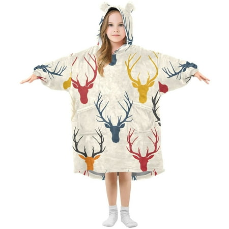 

joogoo Wearable Blanket Hoodie for Kids Elk Deer Flannel Oversized Sweatshirt 3-14 Years L