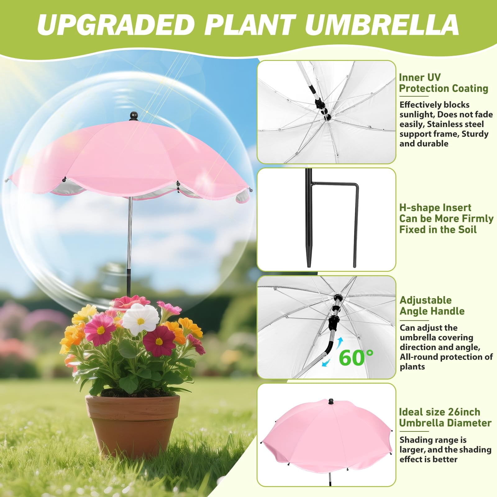 Upgraded Plant Umbrellas for Outdoor Plants, Larger Garden Plant Umbrella Shade with Adjustable Angle, 43.4" Higher Sun Shade for Plants, Potted Plant, Garden Beds (Straight Edges) Pink B