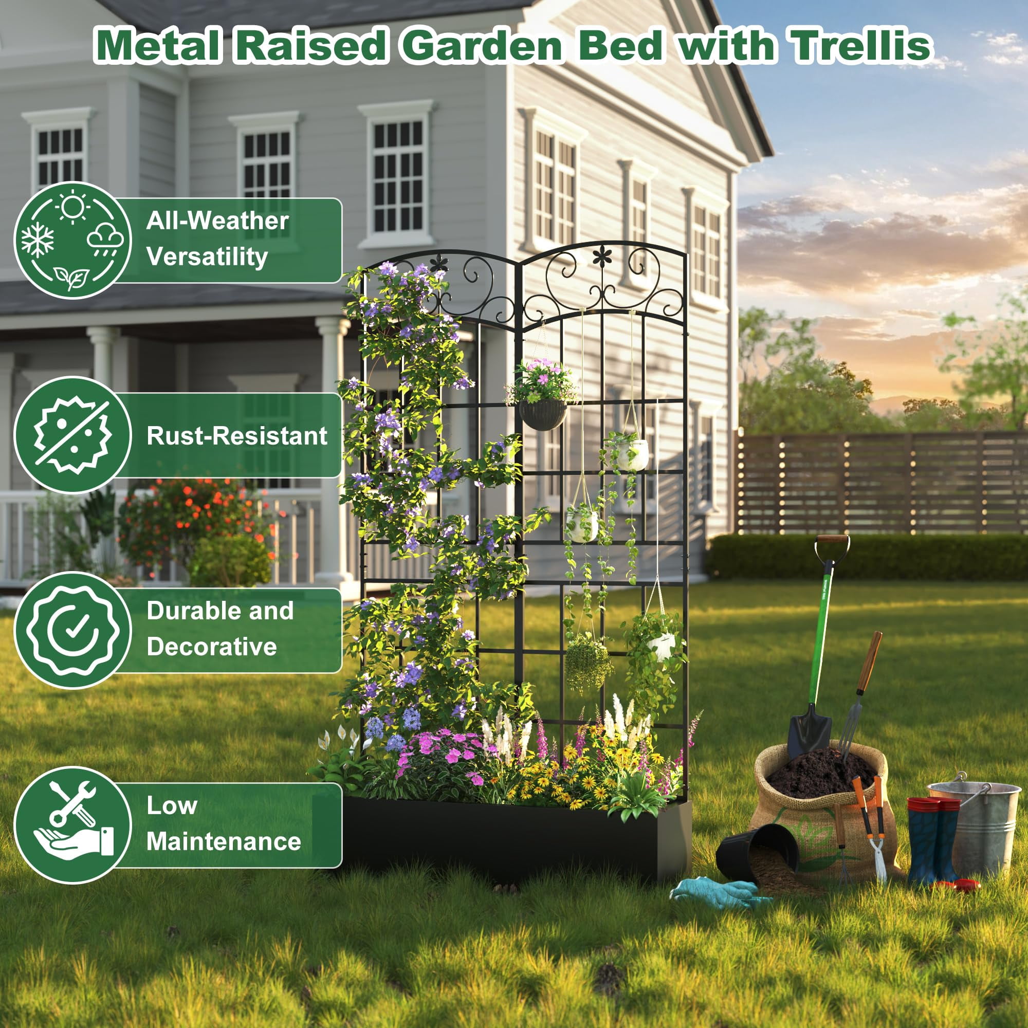 ANPOO Metal Raised Garden Bed with Trellis, 70.9"x40.4"x11.8" Outdoor Planter Box with Drainage Holes, Black Privacy Screen for Climbing Plants, Patio & Balcony