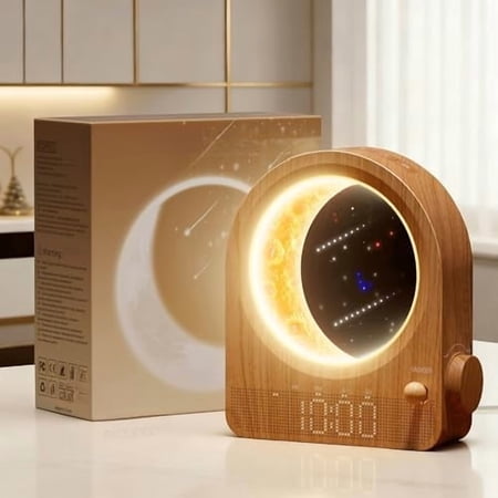 Sunrise Alarm Clocks with Dimmable Moon Lamp, 2 Alarm Clocks with 12Levels Volume for Heavy Sleepers, 10 Natural Sounds with 30/60/90mins Timer for Bedrooms, Gifts for Women (Brown Woodgrain)