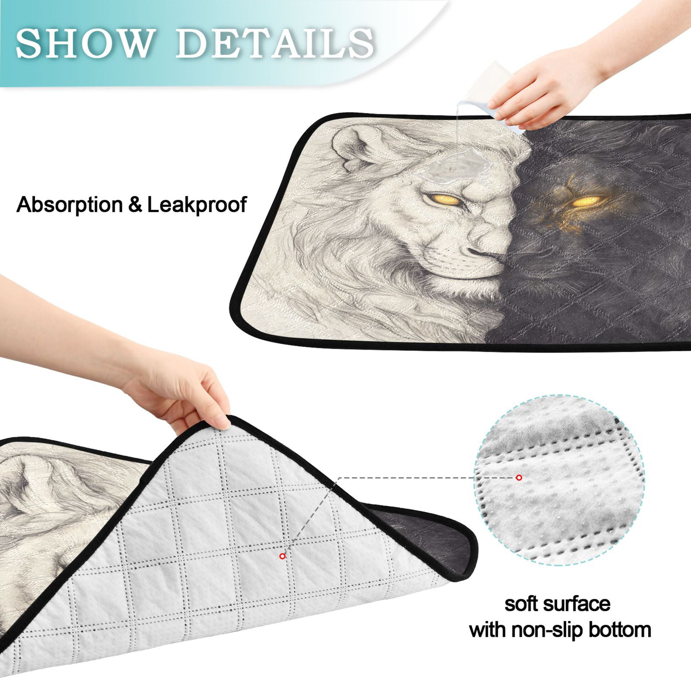 Qxltty Black and White Lion Cat litter Pads Pet Set of 3 Diaper Mats Center Anti-leakage Layer Absorbent Soft and Comfortable