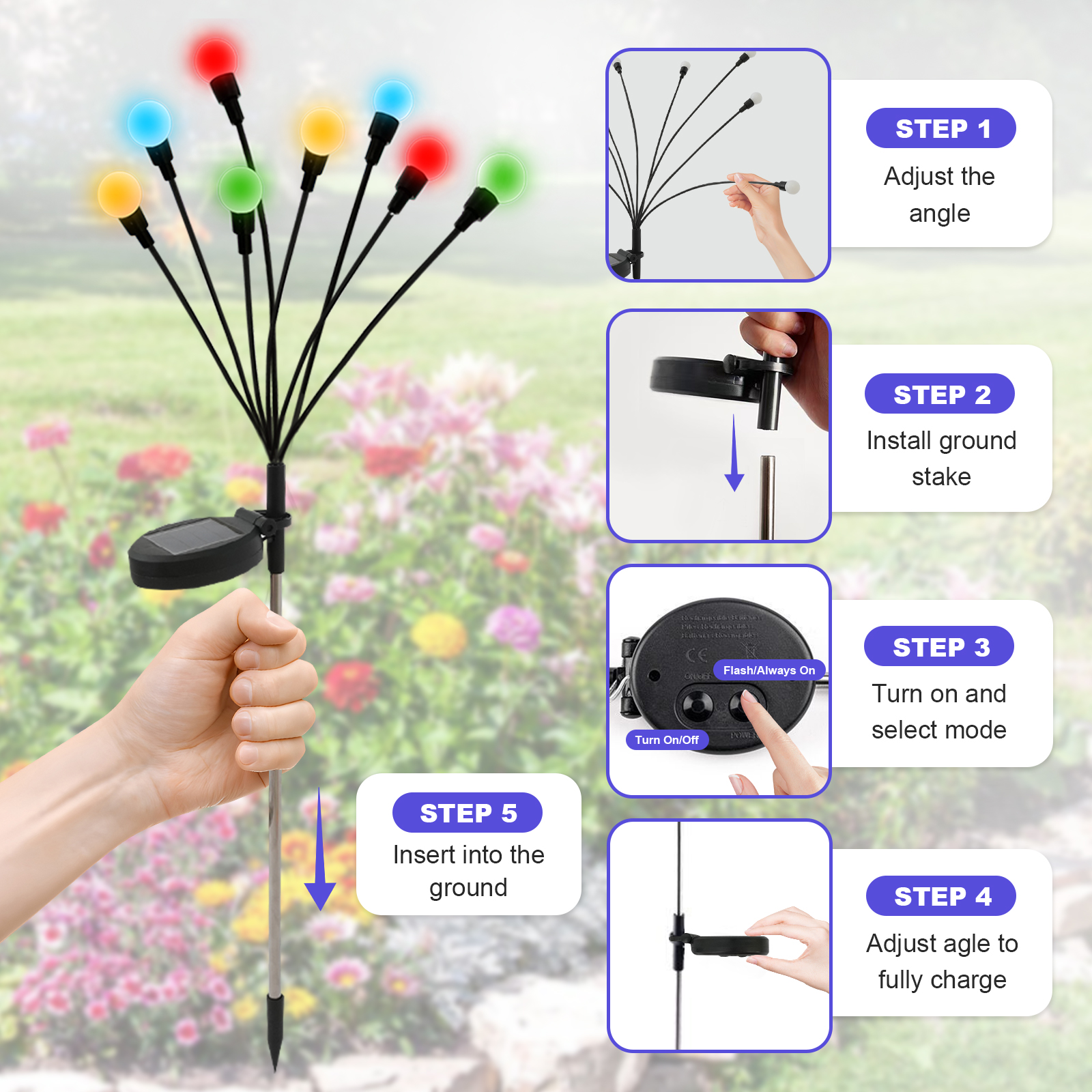 TopZoo Solar Garden Stake Lights Outdoor Waterproof, 8 Pack/2 Modes Swaying Firefly Lights for Garden Decor, Yard, Patio, Pathway, Party, Christmas Decoration, Multicolor 64 LED