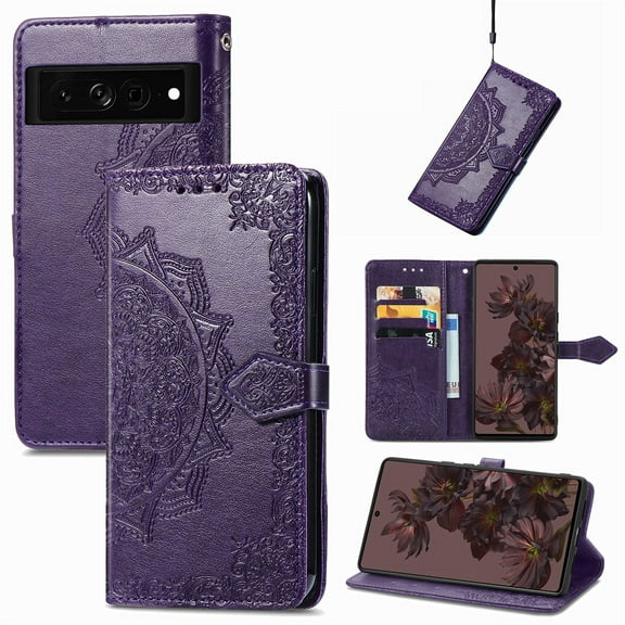 SaniMore for Google Pixel 7 Pro 6.7" 2022 Wallet Case with Embossed Mandala PU Leather Flip Protection Wrist Strap Credit Card Holder Pocket Kickstand Shockproof Case For Google Pixel 7 Pro, Purple