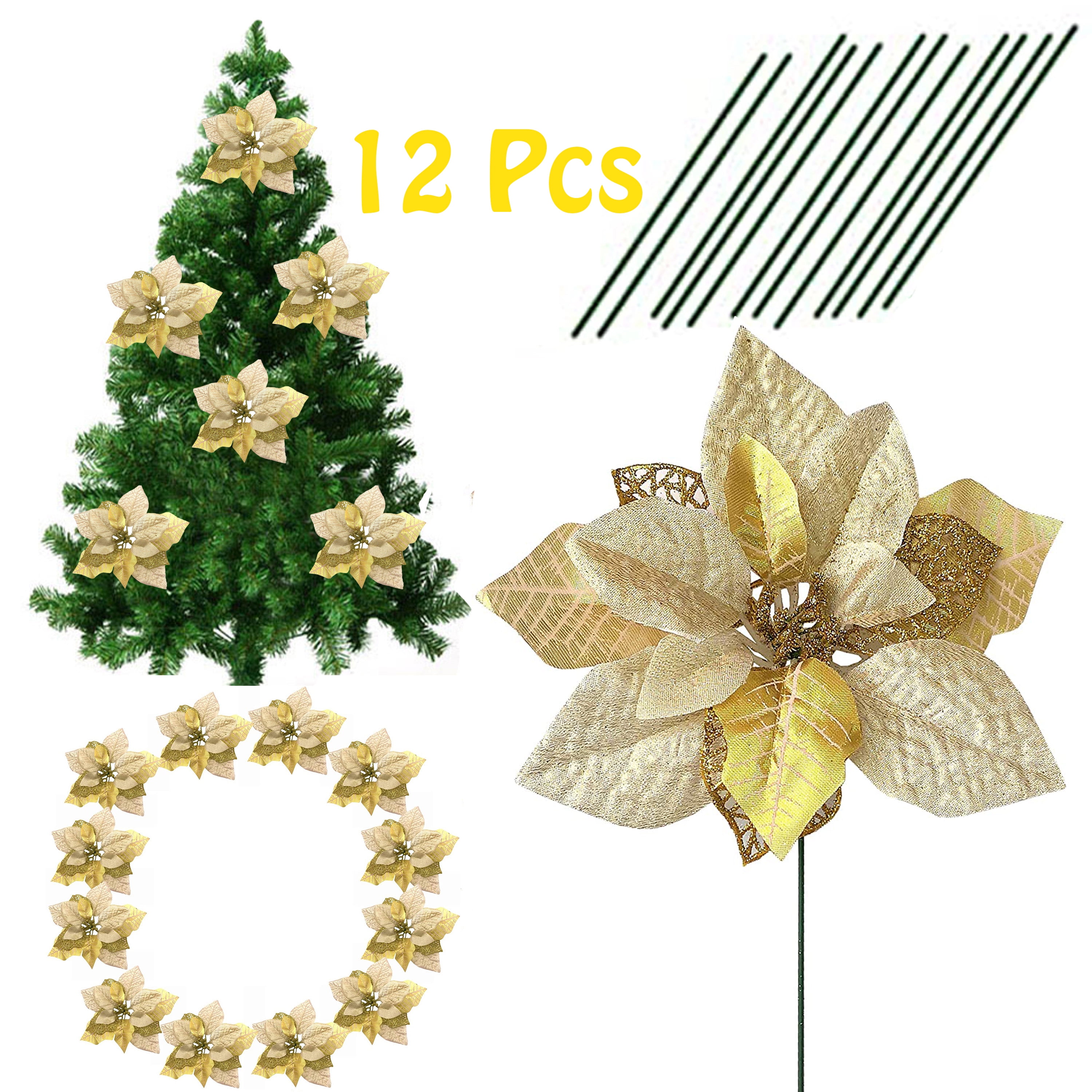 12pcs Glitter Poinsettia Flower Christmas Wreath Xmas Tree Ornament Festival New 