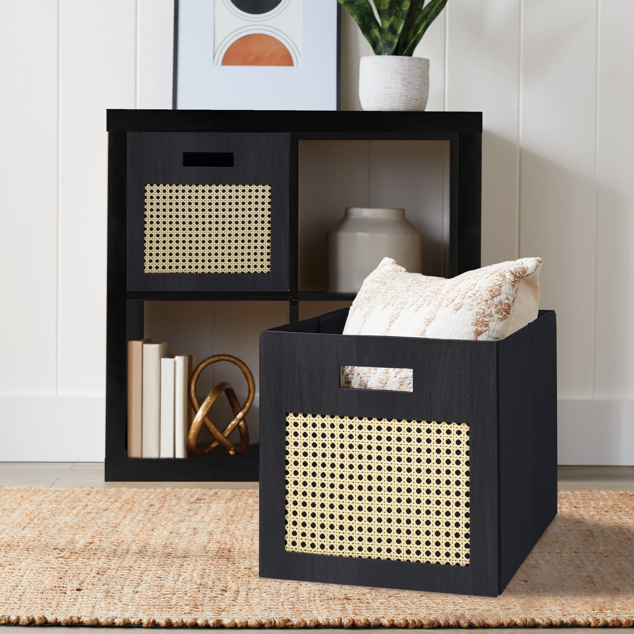 Better Homes & Gardens Fabric Cube Storage Bins (12.75" x 12.75"), Charcoal with Caning, 2 Pack