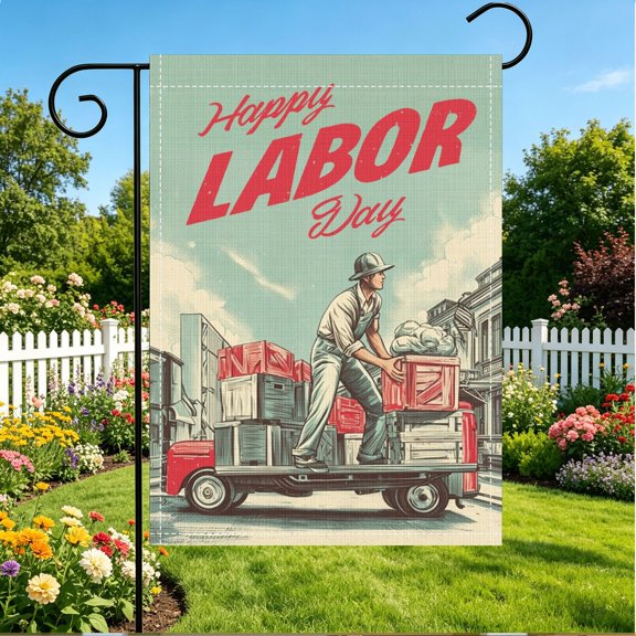 Labor Day Retro Worker Truck Print Garden Flag, Double Sided 2D, 12x18 Inch No Flagpole, Outdoor Garden Yard Patio Holiday Decor
