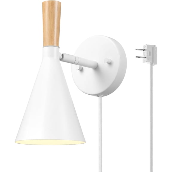 1-Light Plug-in or Hardwire Wall Sconce, Matte White, Light Wood-Toned On/Off Rotary Switch on Pivoting Shade, 6ft White Braided Fabric Cord, Wall Lights for Living Room