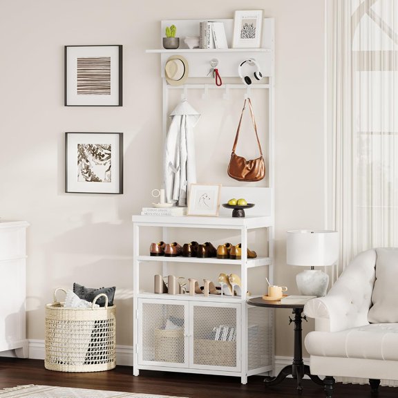 Hall Tree with Doors White 72.8in Coat Rack Shoe Storage Narrow Coat Tree Shoe Shelf Organizer with 7 Hooks for Entryway Bedroom and Mudroom