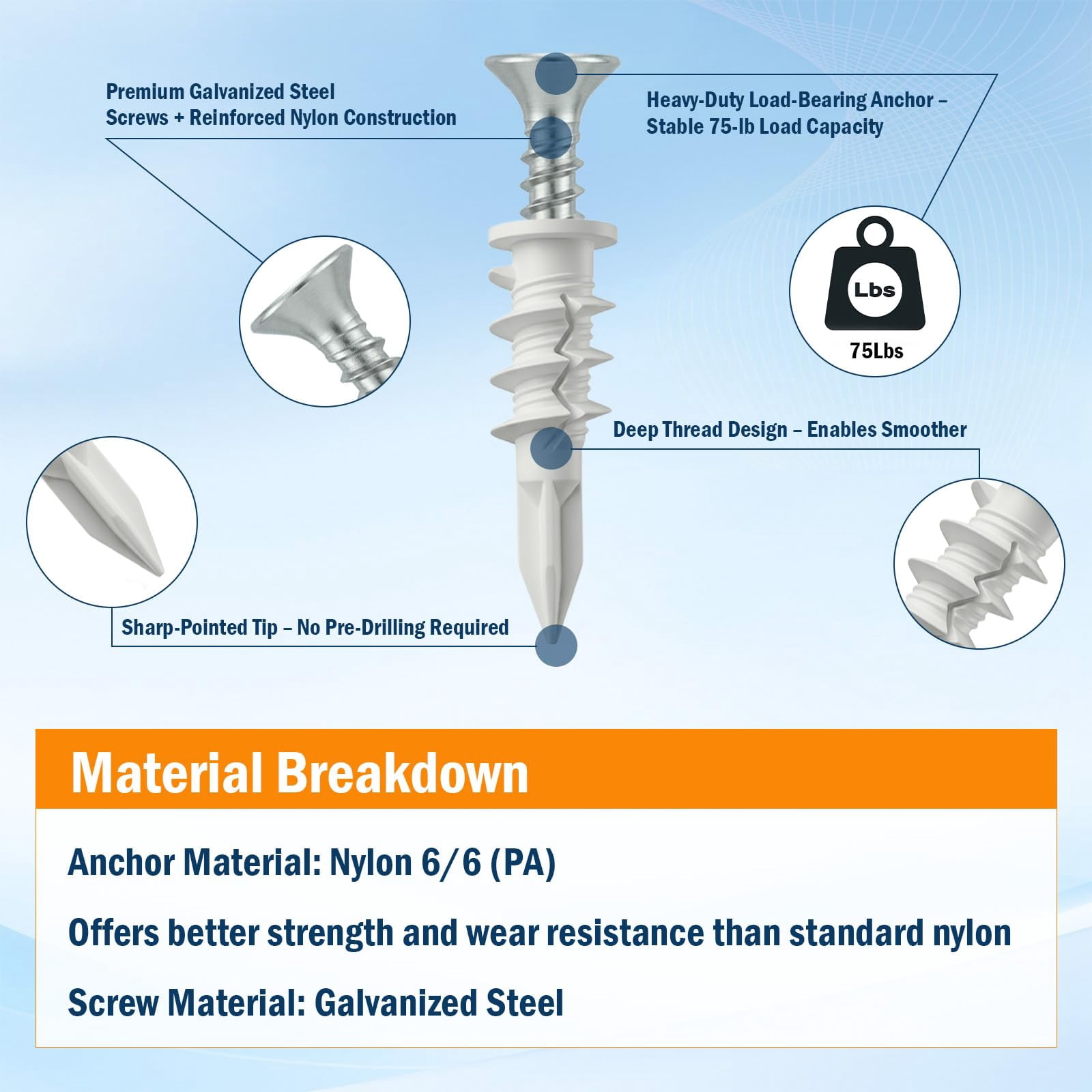352pcs Self-Drilling Drywall Anchors and Screws Kit, 9 Different Assorted Size, Include Nylon Plastic Wall Anchors,Galvanized Steel Anchors, Screws, Hollow Door Anchors, Holds Up to 75lbs