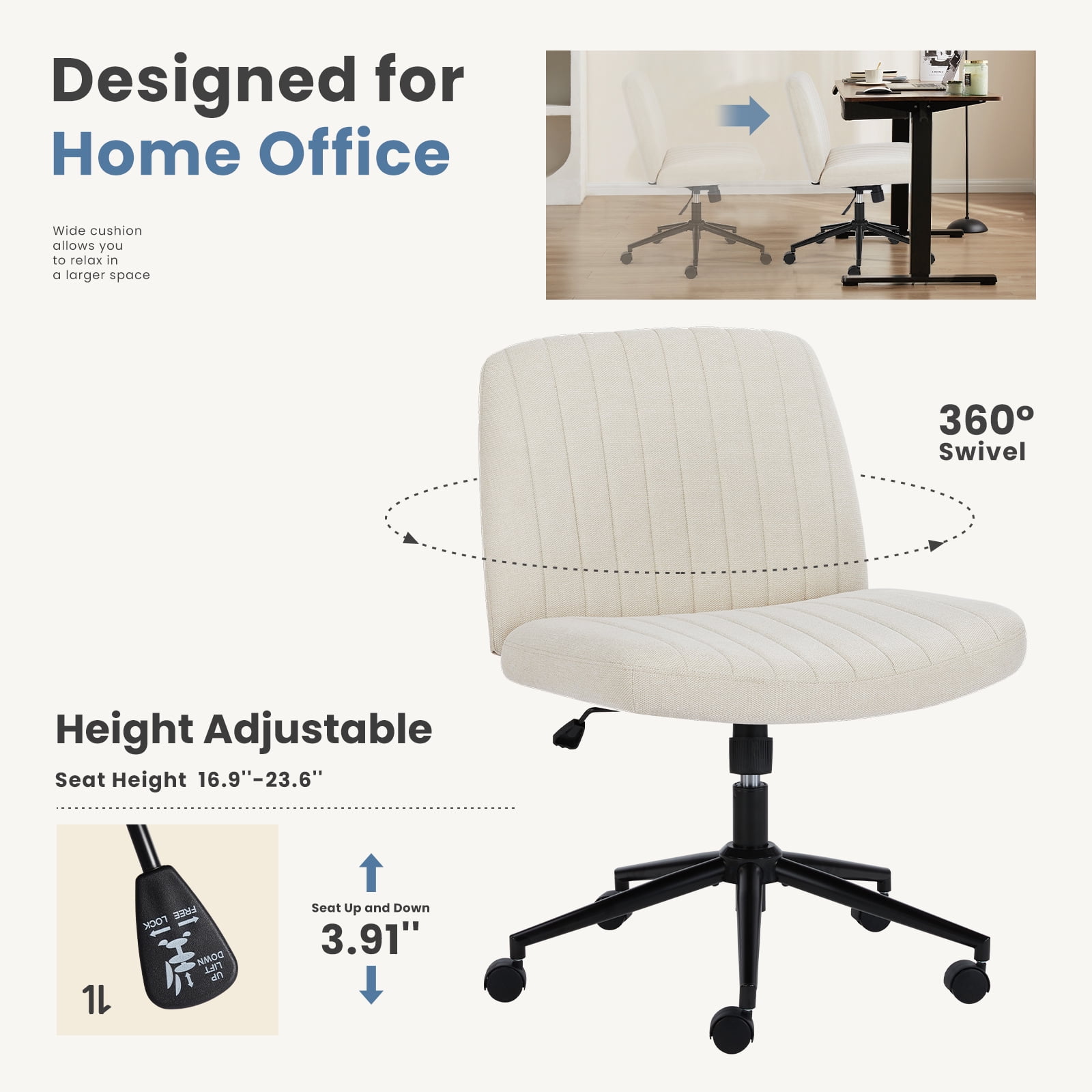 EDX Armless Office Chair Criss Cross Legged Chair with Wheels, Comfy Home Vanity Task Desk Chair, Beige