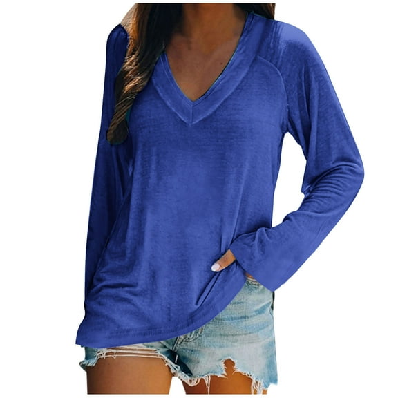 STETMN Women's V Neck Plain Top Loose Long Sleeve Layer T-Shirt Fall Lightweight Trendy Shirt
