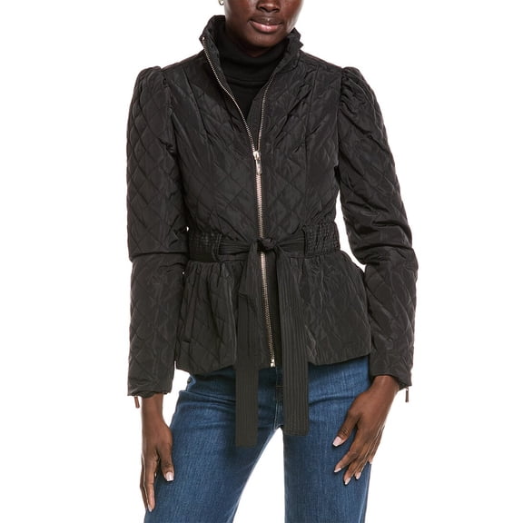 Kensie womens Quilted Puff Sleeved Belted Jacket, s, Black