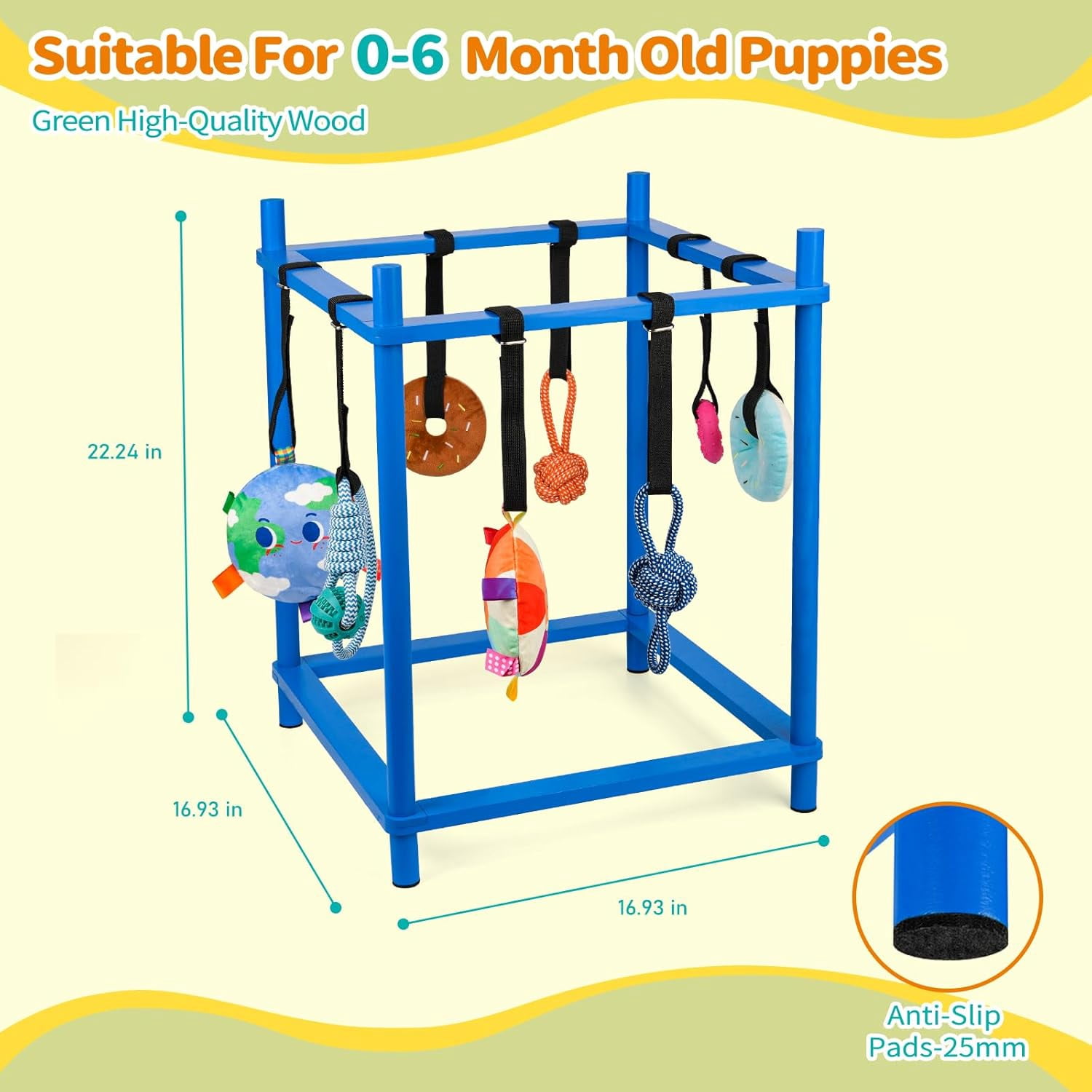 Wooden Puppy Play Gym for Small Dogs, Puppy Jungle Gym with 8 Hanging Toys, Wood Frame Indoor Puppy Gym with Dog Enrichment Toys for Puppies and Small Pets