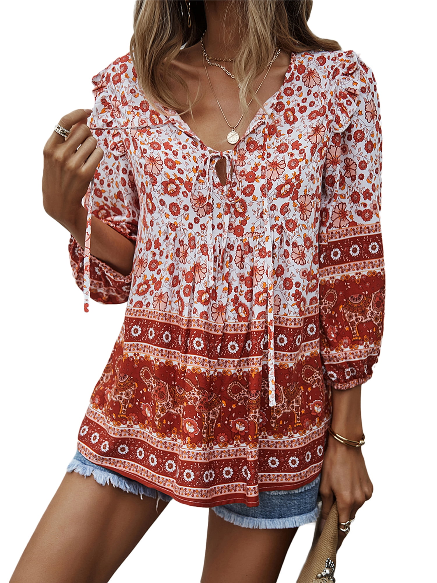 Women Linen Boho Floral Print Shirts V-Neck Tunic Tops Lantern Sleeves  Ruffle Tops Casual Loose Top Summer - Walmart.com