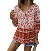 VISgogo Women Spring Blouse, 3/4 Sleeve Flowers  Elephant Tie-Up V-Neck Bohemian Shirt, Ladies Loose Fall Pullover Style Tops