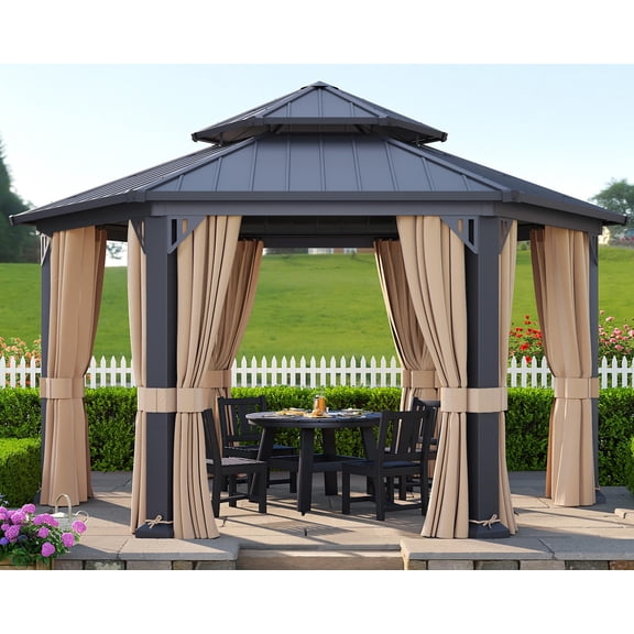 LUXOAK 13x15 FT Hardtop Gazebo, Hexagon Metal Patio Pavilion, Double Roof with Aluminum Foot