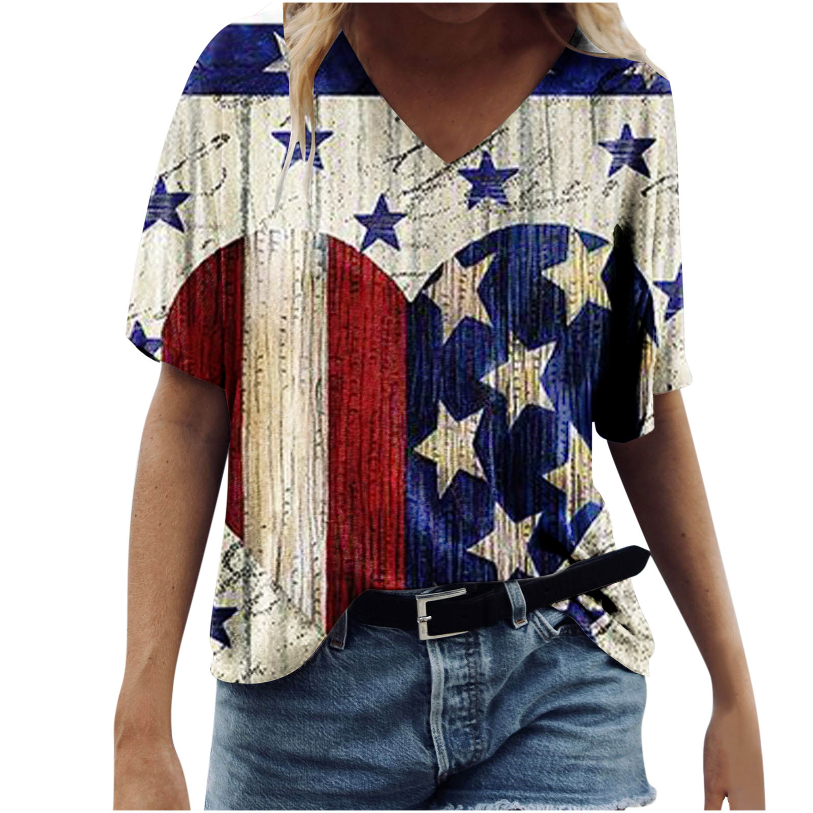 Midsumdr 4th of July Womens T Shirts Patriotic American Flag Causal Loose V-Neck Short Sleeve 