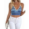 thumbnail image 2 of Knitted Camisoles for Women Summer Halter V Neck Striped Casual Sleeveless Beach Vacation Crop Tank Tops Blue S, 2 of 7