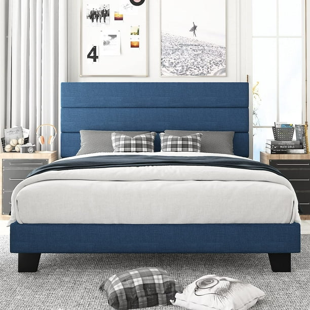 Amolife Full Size Navy Blue Fabric Upholstered Bed Frame with Headboard