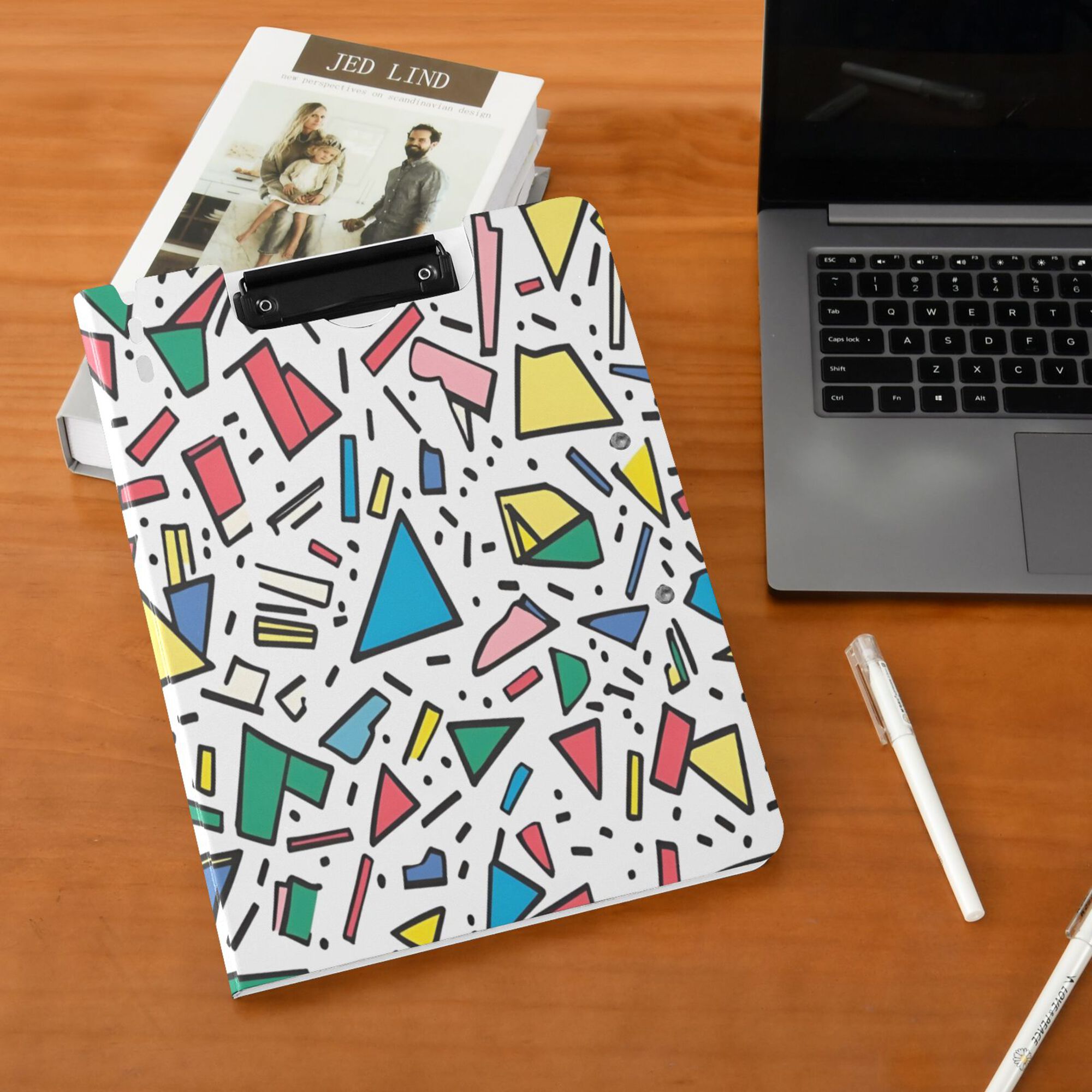 FORMRS A4 Clipboard Folder with Pen Holder Horizontal Foldable School Office Binder, Blue Triangles