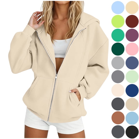 Women Zip Up Sweatshirt Oversized Fleece Casual Loose Long Sleeve Jackets with Pocket Plus Size Fall Winter Warm Comfy Soft Lightweight Outerwear