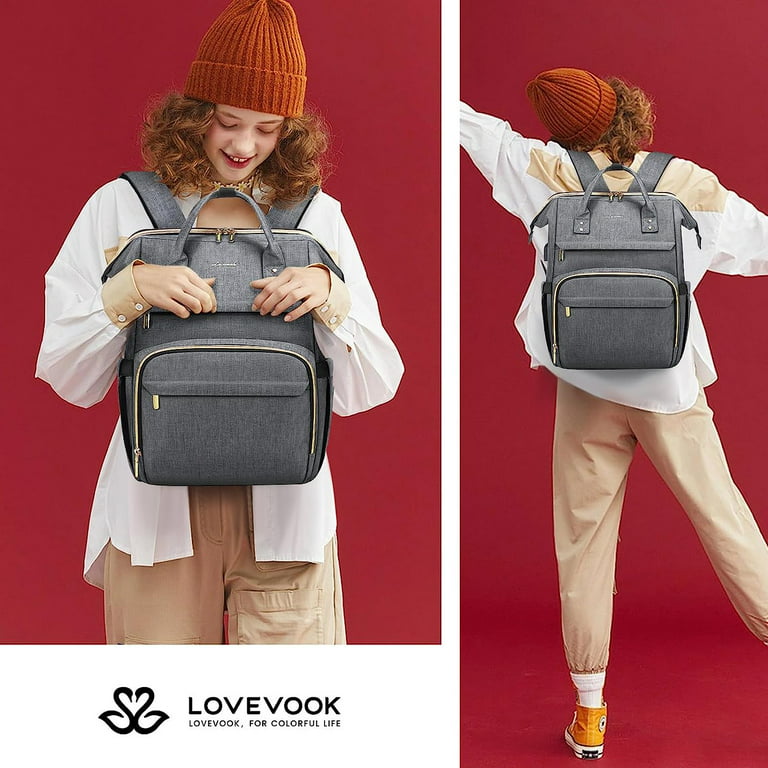 Lovevook Laptop Backpack for Women, 14 Cute Teacher Nurse Work Bag,  Waterproof College Book Bag Computer Bag with USB -Wine red 