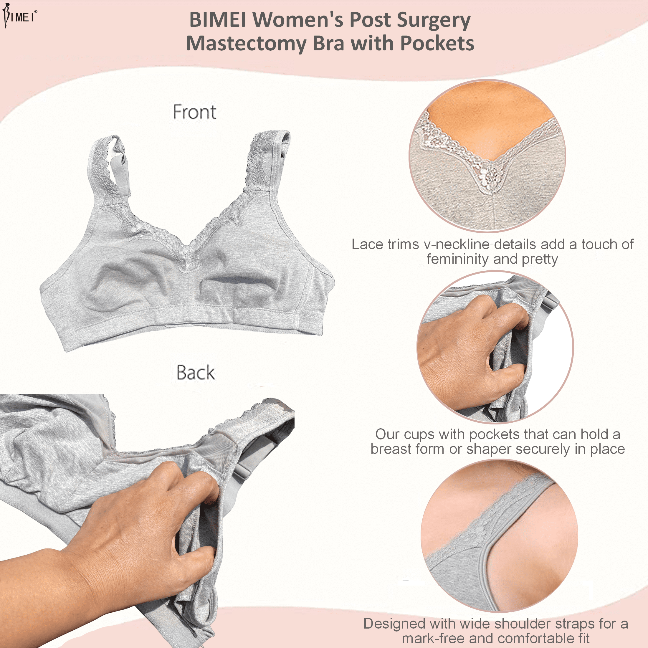 BIMEI Women's Mastectomy Bra Lace Plus Size Full Coverage Non Padded Comfort Cotton Wirefree Bra with Pocket,Grey,36E