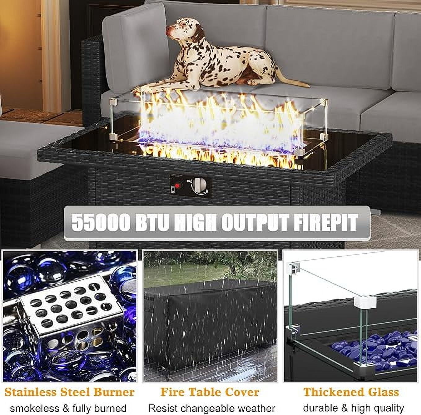 LayinSun 8 Piece Patio Furniture Set with 44" Propane Gas Fire Pit Table, Outdoor Sectional Conversation Set Wicker Rattan Sofa Set with Coffee Table