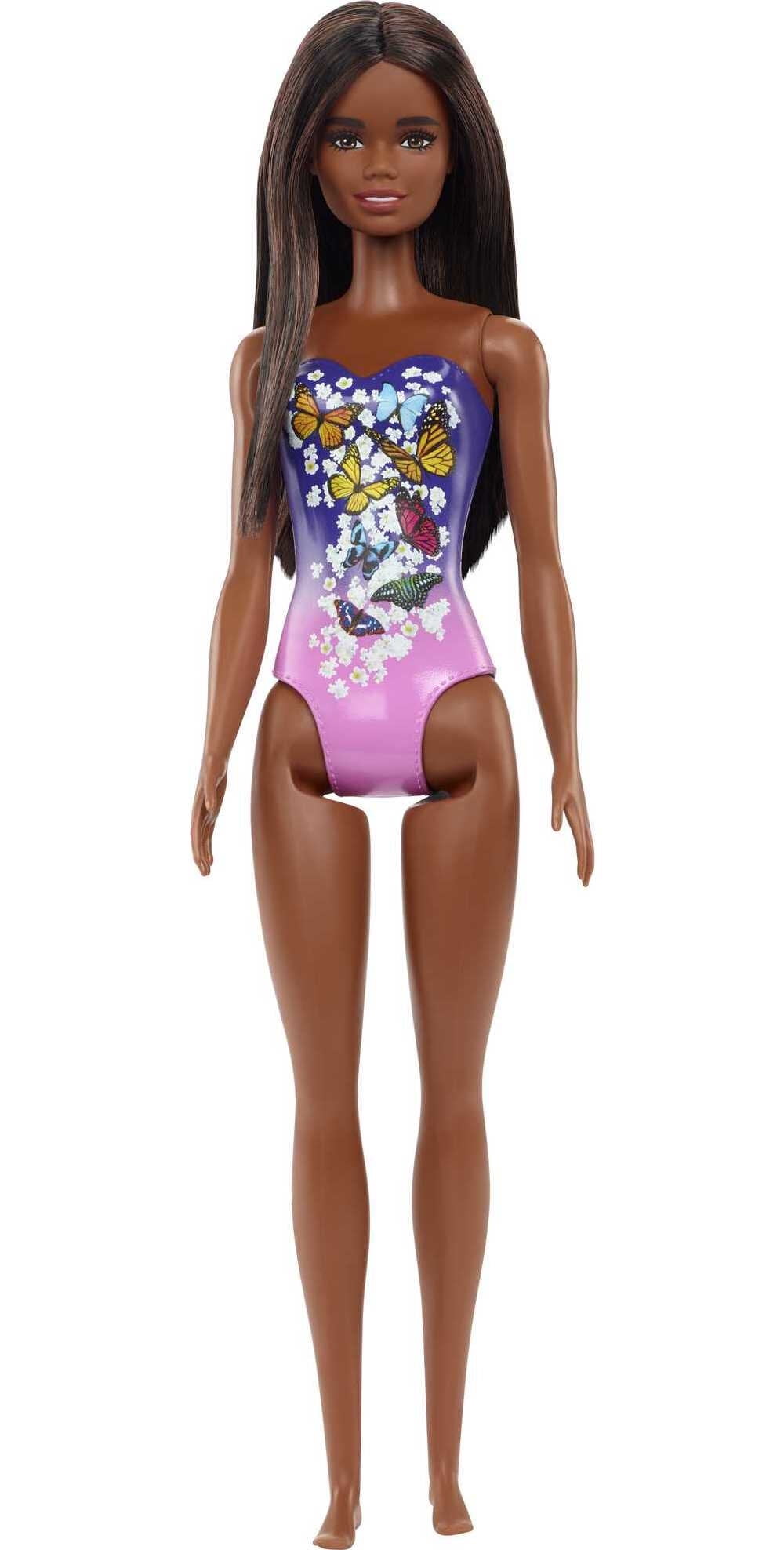 Barbie Beach Doll in Purple Butterfly Swimsuit with Straight Black Hair
