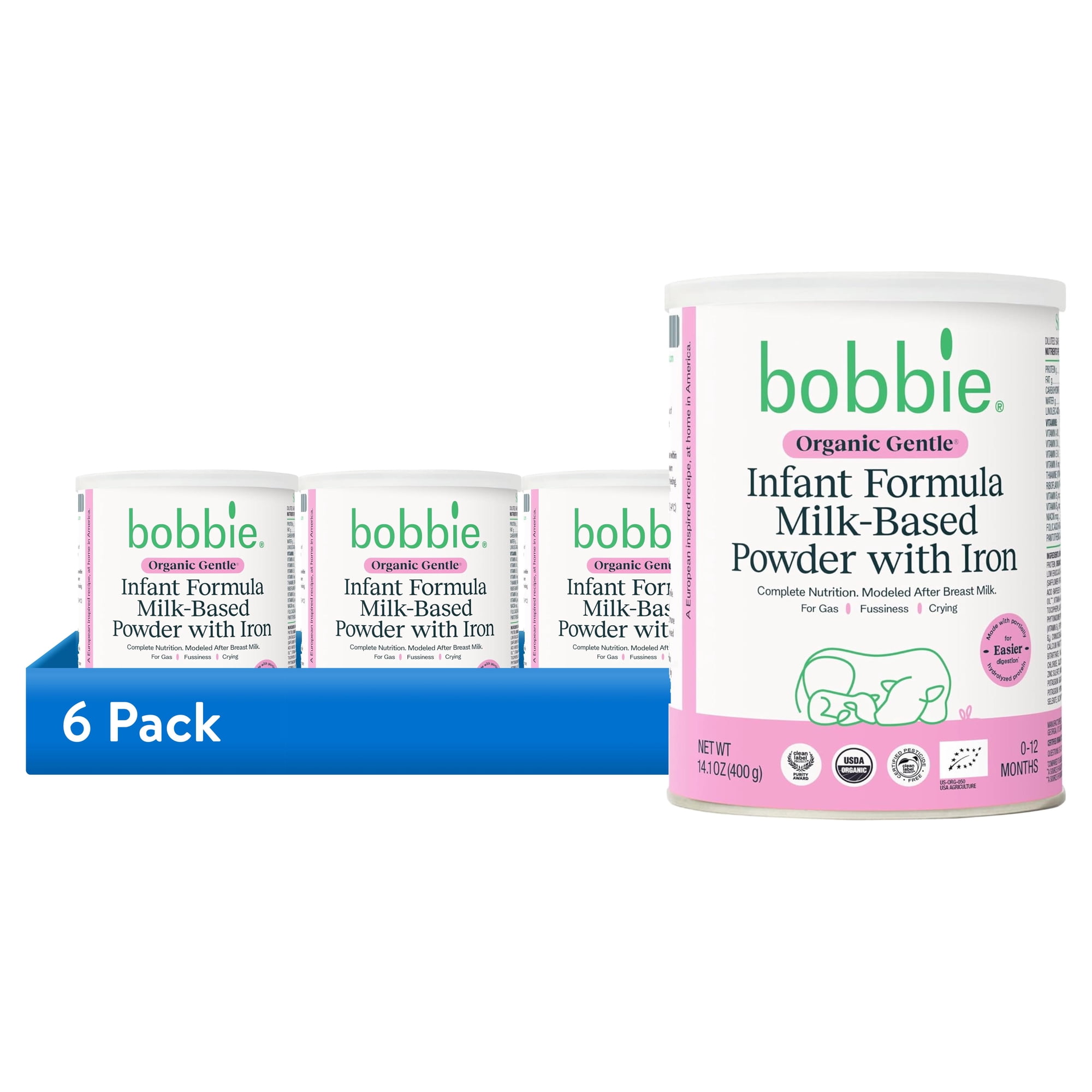 (6 pack) Bobbie Organic Gentle Infant Formula For Everyday Feeding, Milk-Based Powder with 1.2mg Iron, Lactose Recipe, Certified USDA Organic, 14.1 oz Can