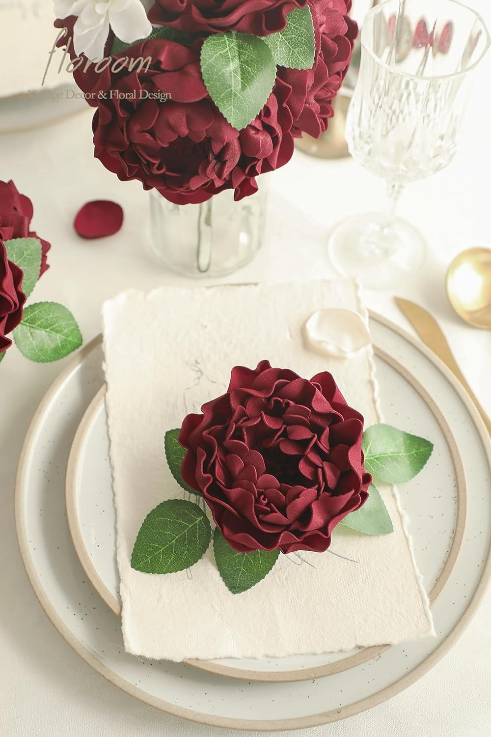 Artificial Flowers 16pcs 4" Burgundy Blooming Peonies Real Looking Foam Fake Roses with Stems for DIY Wedding Bouquet Dark Red Bridal Shower Centerpieces Floral Arrangements Tables Decorations