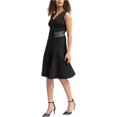 thumbnail image 1 of DKNY Vestido ajustado y acampanado con cuello en V de malla para mujer, negro, grande, 1 of 2