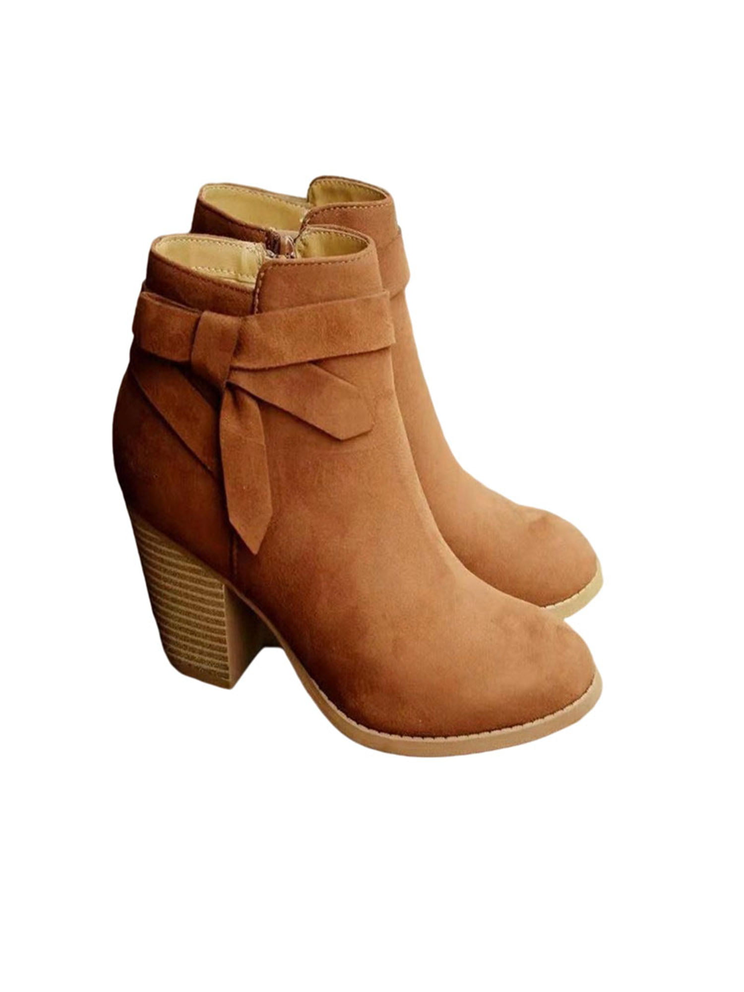 Womens Casual Suede Ankle Boots Mid Chunky Heel Pointed Toe Metal Studded Zipper Short Booties 