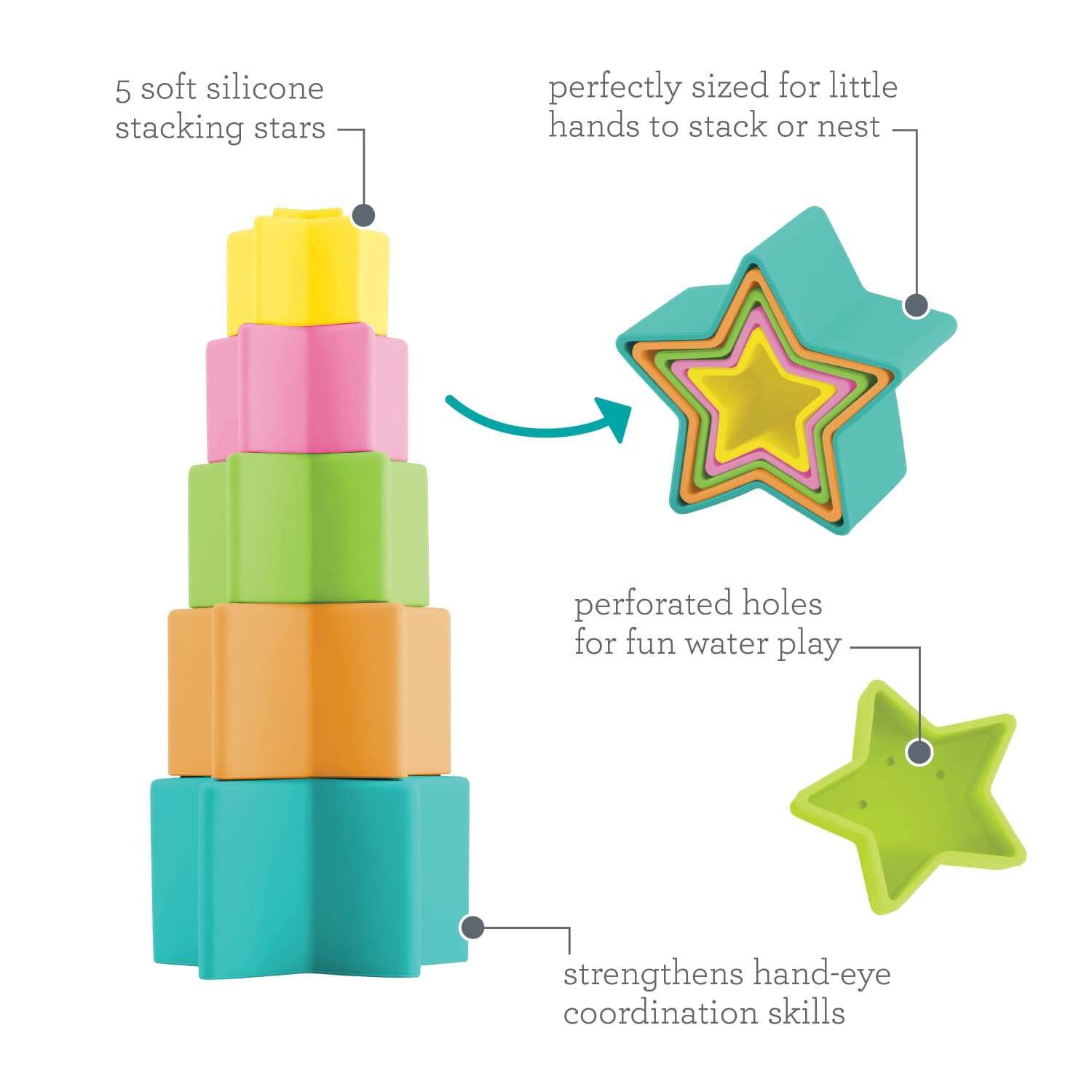 Infantino Stacking Star Rings Silicone Teething Toy, 6-12 Months, Multicolor, 5-Pack
