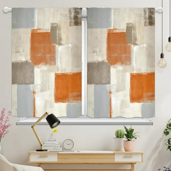 Abstract Orange Kitchen Curtains Beige Grey Boho Modern Geometric Farmhouse Rustic Country Small Short Curtains Abstract Painting Art Bathroom Curtains Window Treatment Drapes 27.5x39 Inch