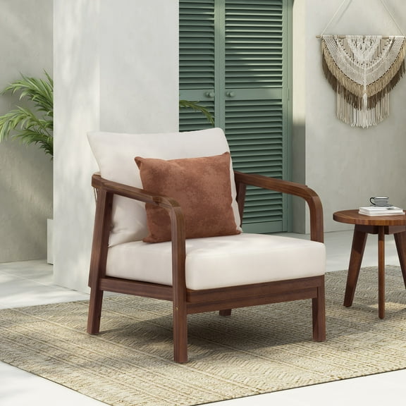 Christopher Knight Home Contemporary Outdoor Lounge Chair, Thick Cushion, Woven Backrest, Solid Wood, Walnut Finish