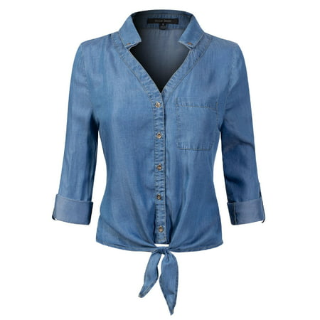 Made by Olivia Women's 3/4 Roll Up Sleeve Button Down Front Tie Knot Chambray Denim Shirt Medium Denim