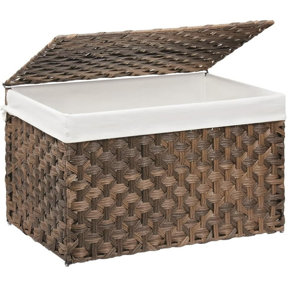Wicker Storage Basket with Lid, 42.3 Gallon (160L) Large Blanket Basket with Lid, Woven Storage Bin with Handles, Removable Liner, Metal Frame, Foldable, for Bedroom, Laundry Room, Brown