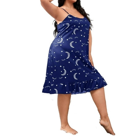 

Casual Geometric Spaghetti Strap Slip Dress Navy Blue Sleeveless Plus Size Nightgowns & Sleepshirts XL