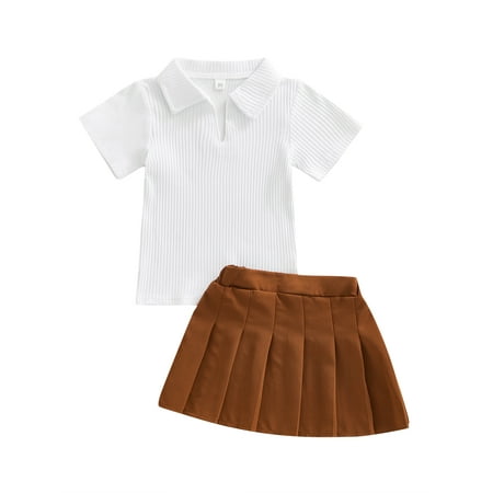 

Amuver Girls Two-piece Skirt Suit White V-neck Short Sleeve Ribbed Tops and Brown Pleated Skirt