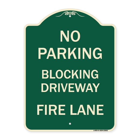SignMission Designer Series Sign - No Blocking Driveway Fire Lane | Green & Tan 18" x 24" Heavy-Gauge Aluminum Architectural Sign | Protect Your Business & Municipality | Made in the