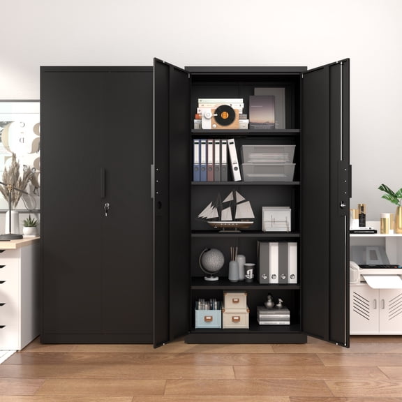 72"H Metal Storage Cabinet with Adjustable Shelves & 2 Doors, Heavy-Duty File Cabinet Garage Storage Cabinet with Lock for Garage,Classroom,Office,Black