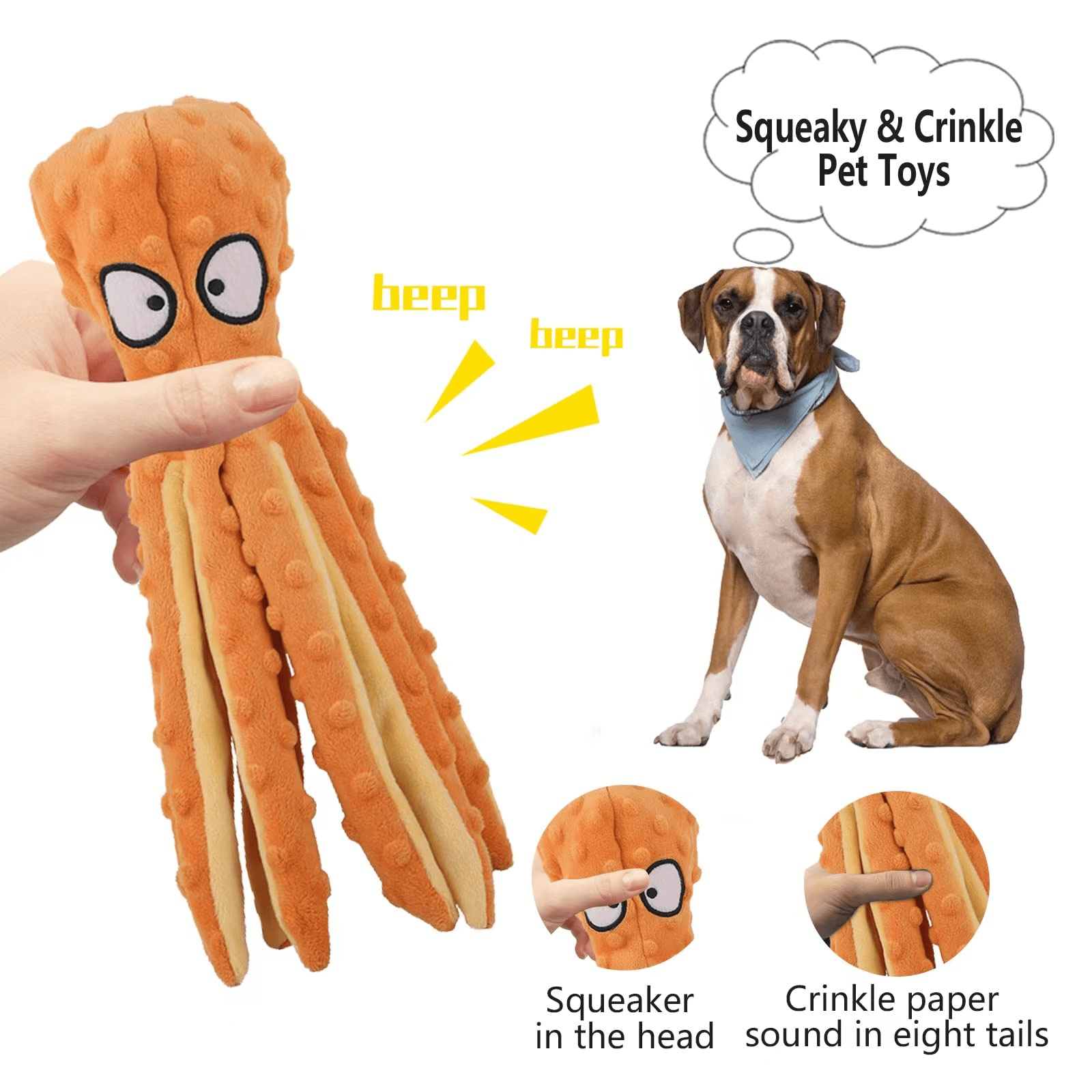 No Stuffing Crinkle Plush Dog Toys, 2 Pack Octopus Squeaky Dog Toys for Teething, Soft & Durable Interactive Dog Chew Toys for Puppies, Small, Medium and Large Dogs Training (Green+Orange)