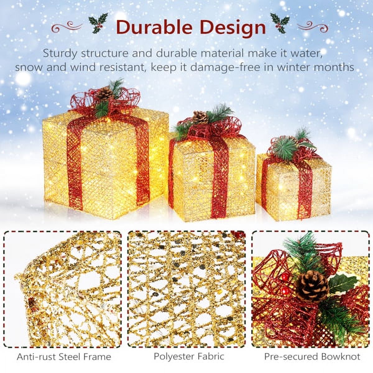 3PCS Golden Gift Box, Garden Gift Box Decoration 5M Long Power Cord, 10 inch 8 inch 6 inch