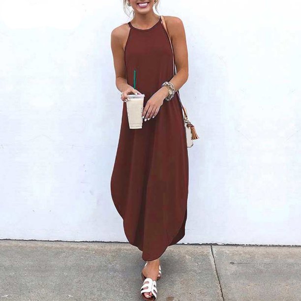 Vestido de verano de mujer Color sólido Correa de espagueti Sin mangas Asimétrico Dobladillo Fiesta Abanopi Café/Medio