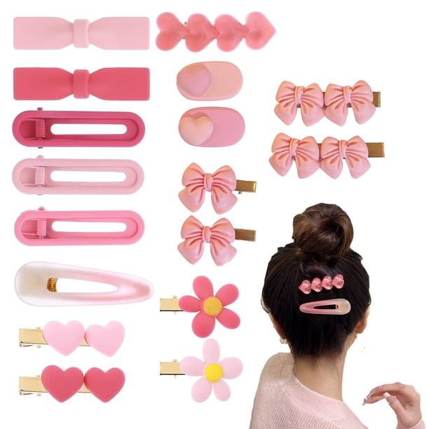 Juego de 8 pinzas para el pelo, bonitas pinzas para el pelo con forma de corazón y lazo rosa, pinzas para el pelo para niñas, adolescentes y niñas pequeñas